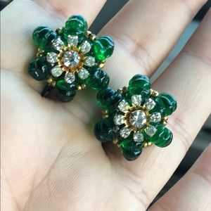 Vintage carved emerald and crystal Miriam Haskell earrings